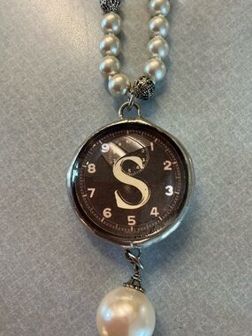 Pearl faux Pendant Necklace with Monogram 'S' Accent - Cream Pearls